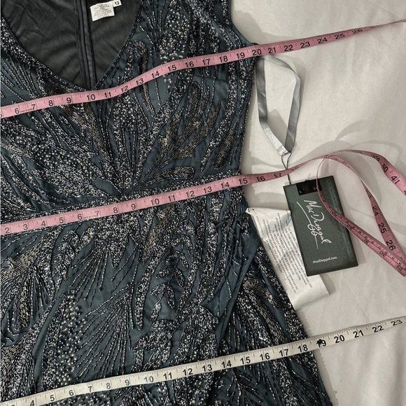 NWT $598 Mac Duggal [ 12 ] Intricate Beaded V-Neck High Slit Gown Charcoal #Q565 - Picture 16 of 16